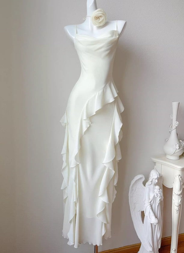 Birthday Evening Gowns Off-White Spaghetti Straps Chiffon Ruffles A-Line Prom Dresses HZ1024