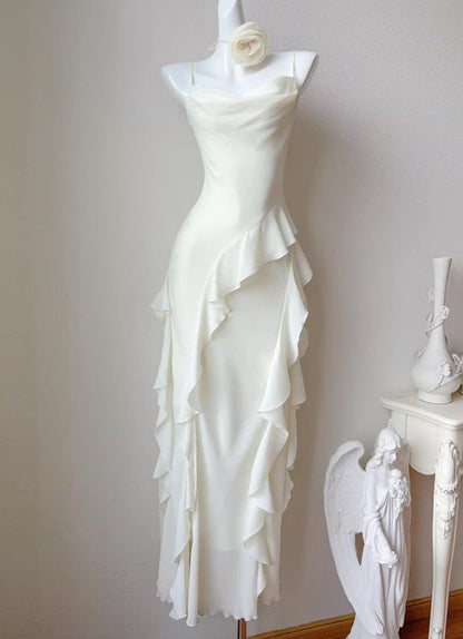 Birthday Evening Gowns Off-White Spaghetti Straps Chiffon Ruffles A-Line Prom Dresses HZ1024