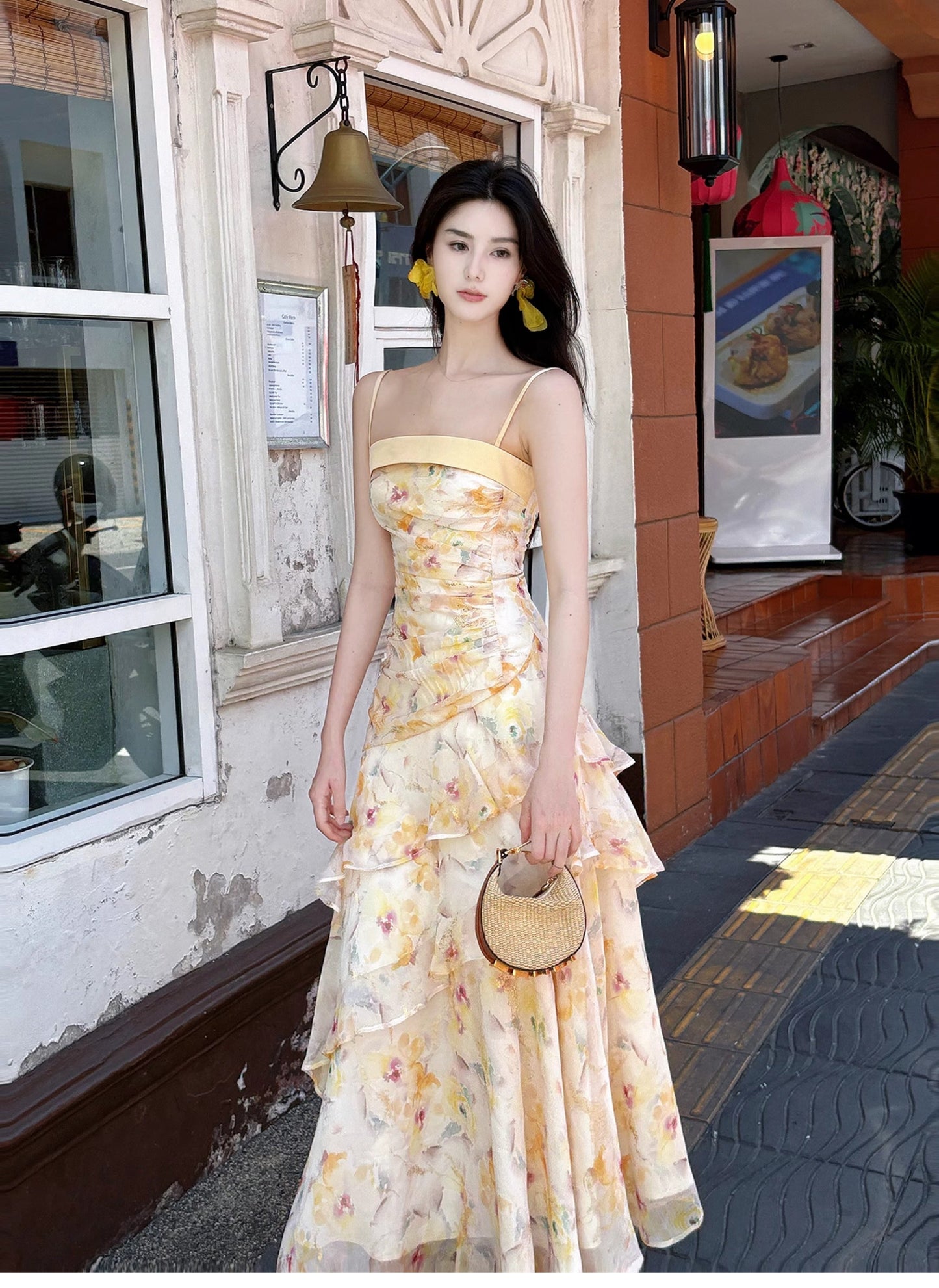Sweet French Ruffle Print Spaghetti Strap Dress Fashion Mermaid Party Dress ED02250