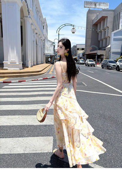 Sweet French Ruffle Print Spaghetti Strap Dress Fashion Mermaid Party Dress ED02250