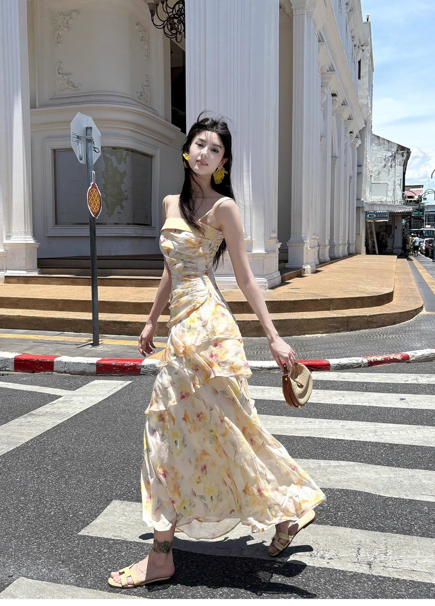 Sweet French Ruffle Print Spaghetti Strap Dress Fashion Mermaid Party Dress ED02250