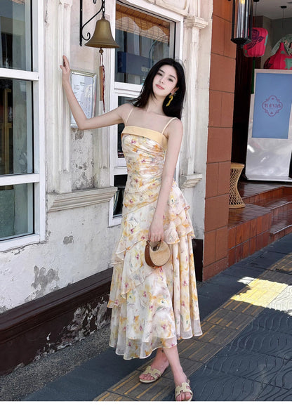 Sweet French Ruffle Print Spaghetti Strap Dress Fashion Mermaid Party Dress ED02250