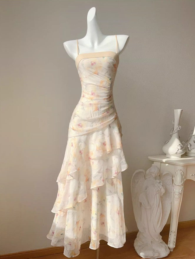 Sweet French Ruffle Print Spaghetti Strap Dress Fashion Mermaid Party Dress ED02250