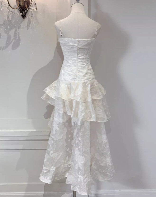 Sweet Light Apricot Spaghetti Strap Chiffon Ruffle Hi-Lo Birthday Party Dress ED02253