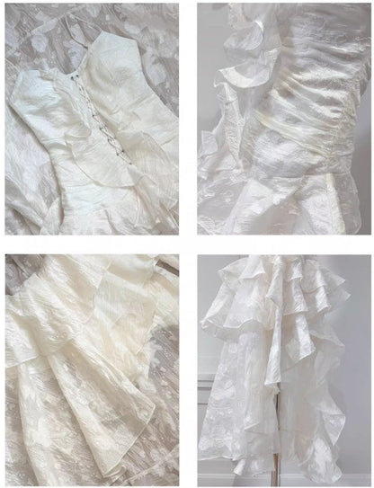 Sweet Light Apricot Spaghetti Strap Chiffon Ruffle Hi-Lo Birthday Party Dress ED02253