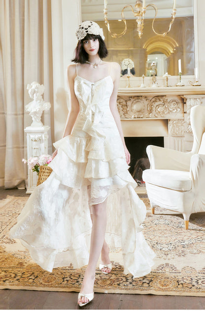 Sweet Light Apricot Spaghetti Strap Chiffon Ruffle Hi-Lo Birthday Party Dress ED02253
