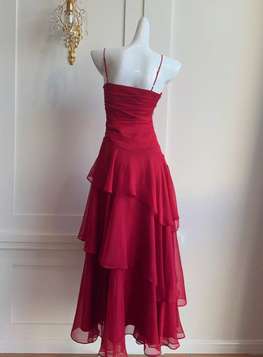 Retro Red Spaghetti Strap Chiffon Ruffles A-Line Prom Dresses Gorgeous Birthday Party Dress ED02254