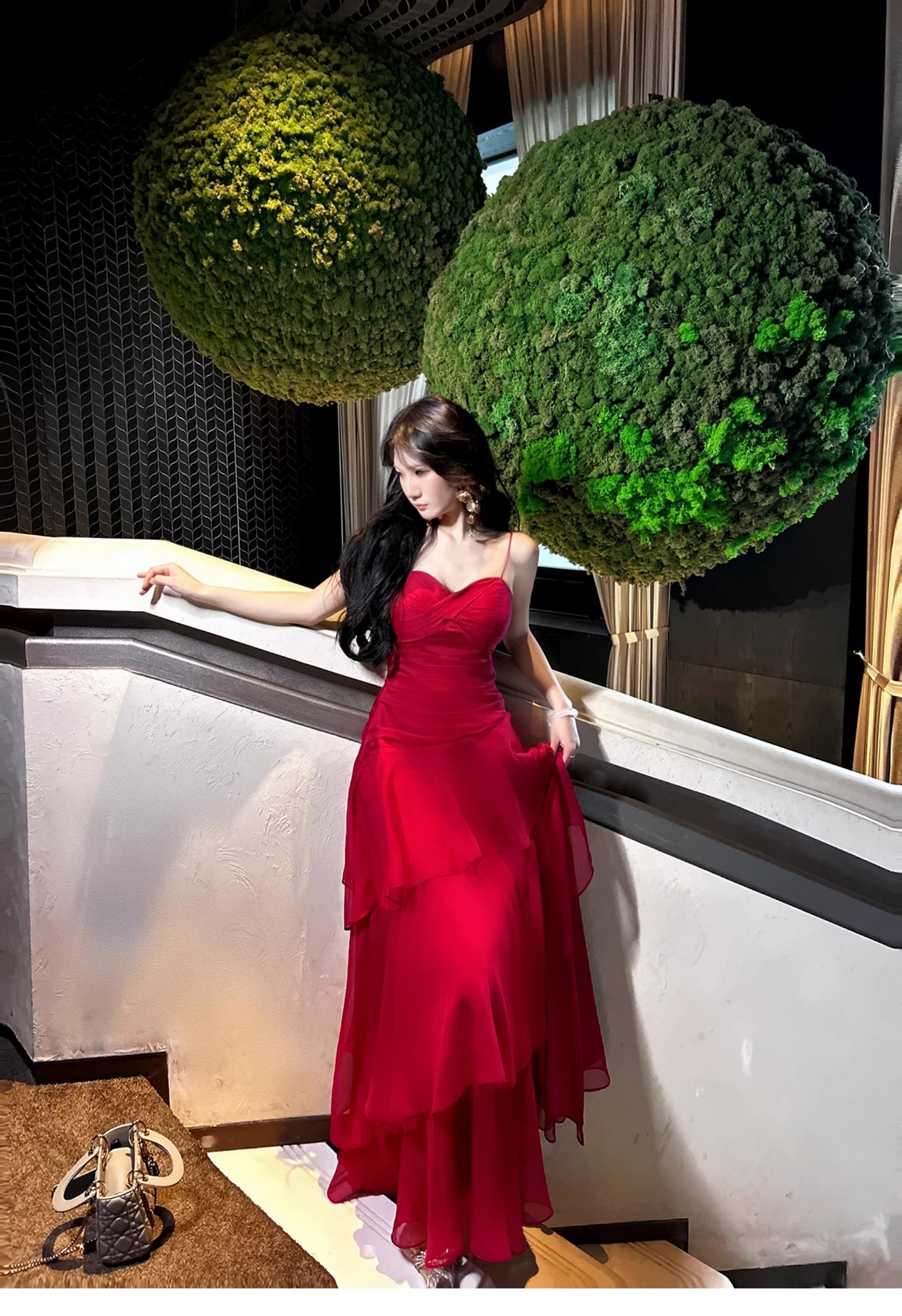 Retro Red Spaghetti Strap Chiffon Ruffles A-Line Prom Dresses Gorgeous Birthday Party Dress ED02254