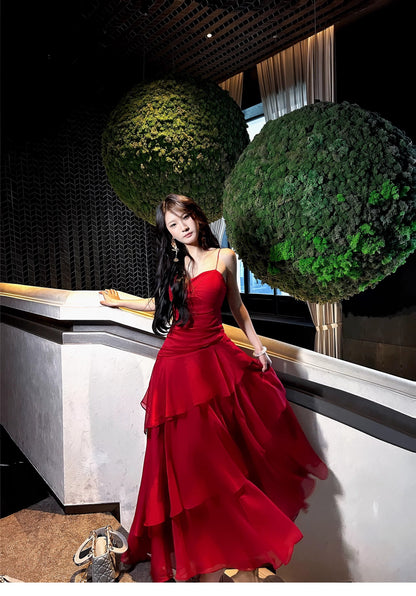 Retro Red Spaghetti Strap Chiffon Ruffles A-Line Prom Dresses Gorgeous Birthday Party Dress ED02254