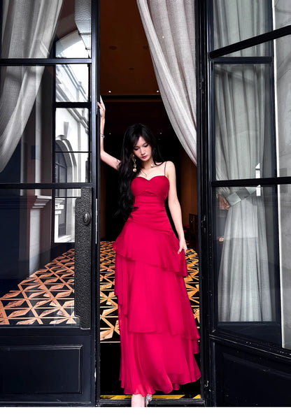 Retro Red Spaghetti Strap Chiffon Ruffles A-Line Prom Dresses Gorgeous Birthday Party Dress ED02254