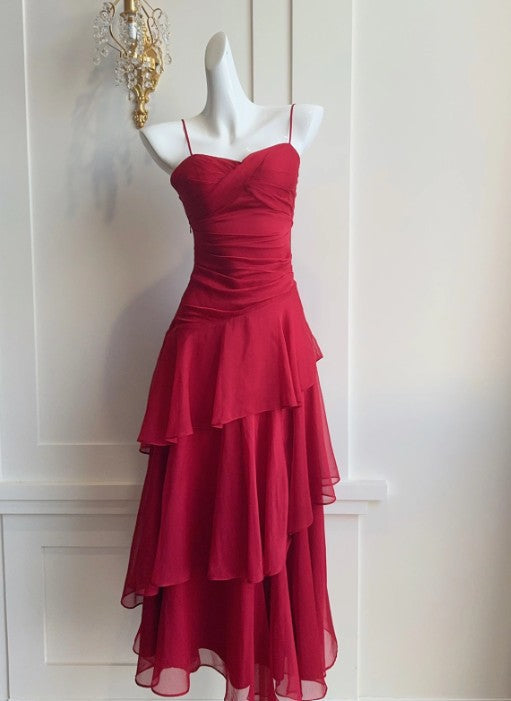Retro Red Spaghetti Strap Chiffon Ruffles A-Line Prom Dresses Gorgeous Birthday Party Dress ED02254