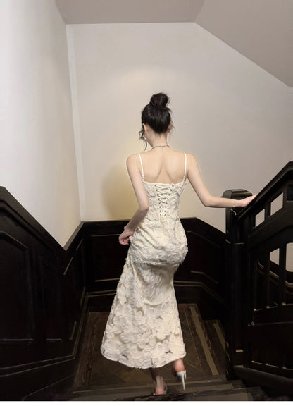 White Elegant 3D Flower Embroidery Spaghetti Straps Mermaid Birthday Party Dress ED02255