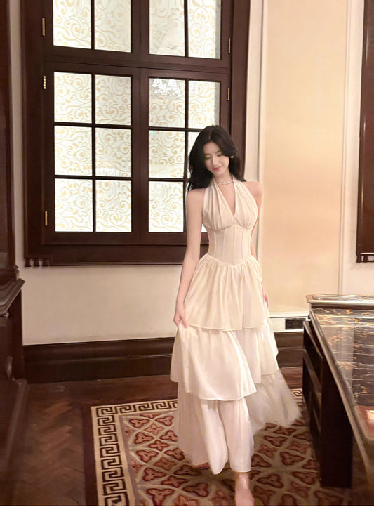 Cute Halter Neck Chiffon Layered A-Line White Party Dress ED02257