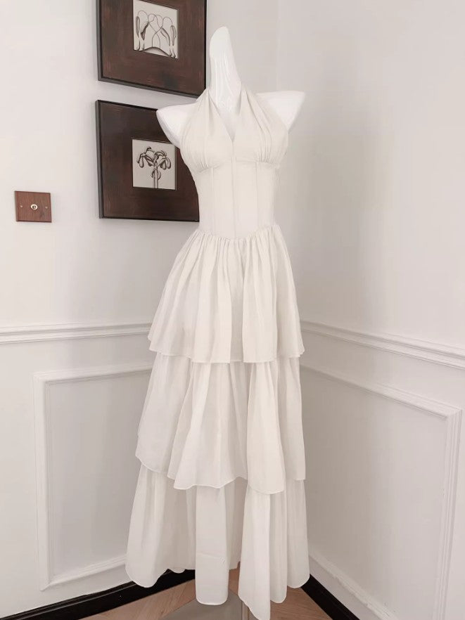 Cute Halter Neck Chiffon Layered A-Line White Party Dress ED02257