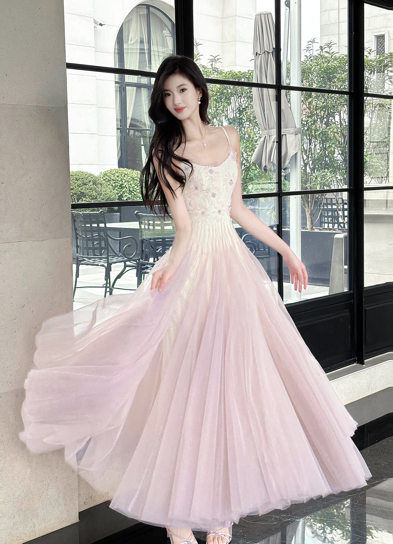 Sweet Pink Purple Lace Tulle Spaghetti Strap A-Line Prom Dresses ED02258