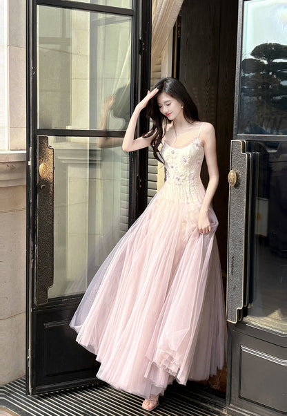 Sweet Pink Purple Lace Tulle Spaghetti Strap A-Line Prom Dresses ED02258