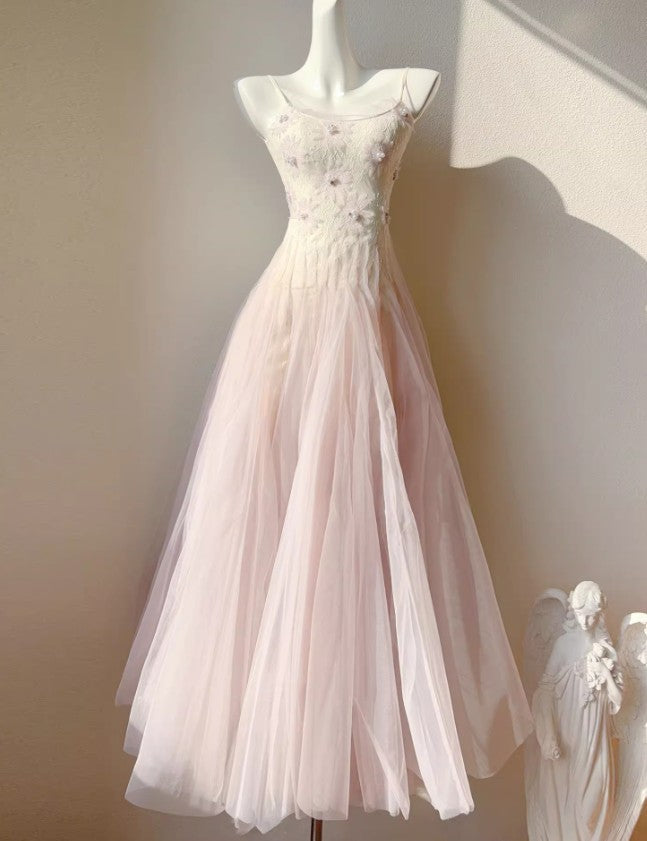 Sweet Pink Purple Lace Tulle Spaghetti Strap A-Line Prom Dresses ED02258