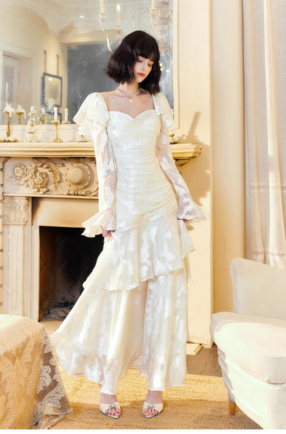 Light Apricot Chiffon Jacquard Long Sleeves Ruffled Evening Dress HZ1024