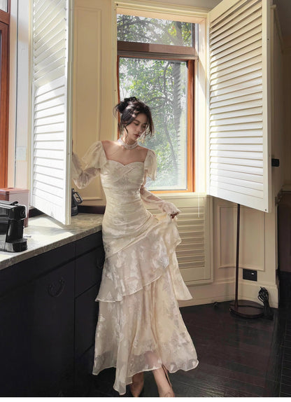 Light Apricot Chiffon Jacquard Long Sleeves Ruffled Evening Dress HZ1024