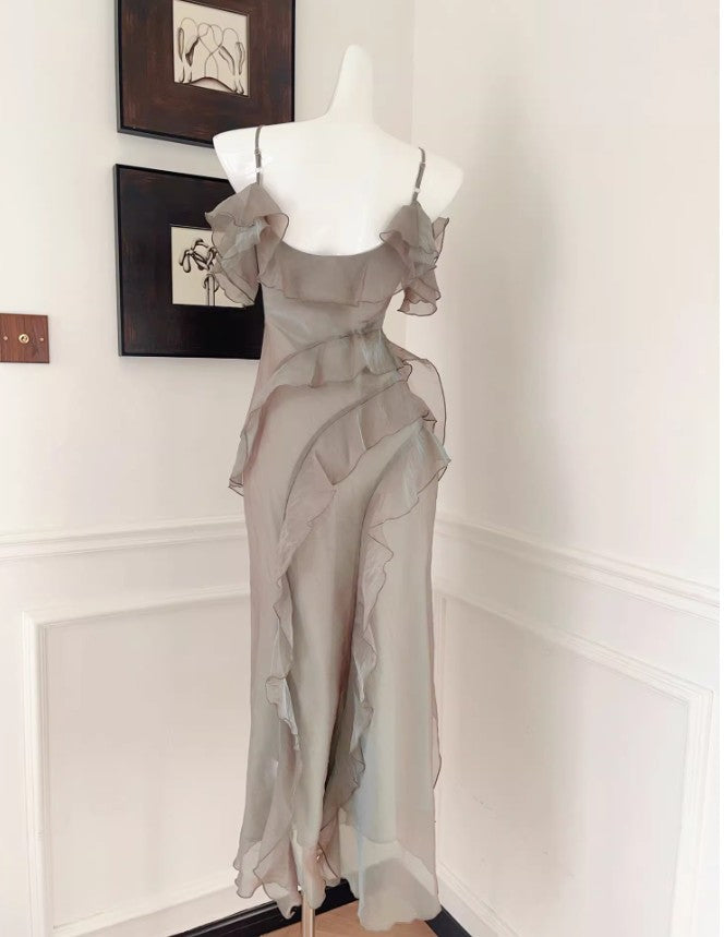 French Elegant Spaghetti Straps Ruffled Tulle Sheath Evening Dress ED02261