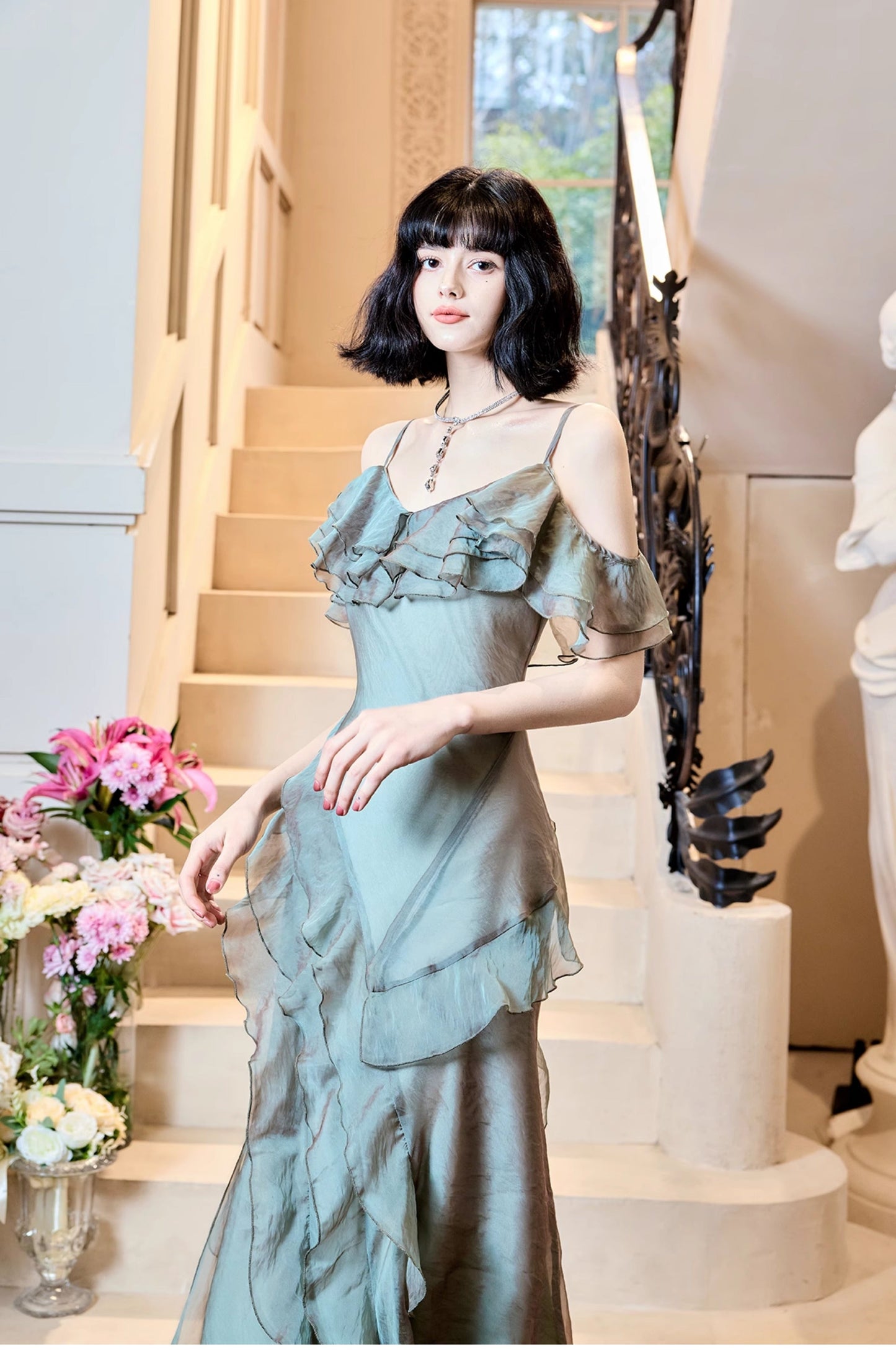 French Elegant Spaghetti Straps Ruffled Tulle Sheath Evening Dress ED02261