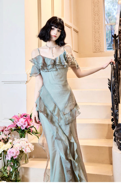 French Elegant Spaghetti Straps Ruffled Tulle Sheath Evening Dress ED02261