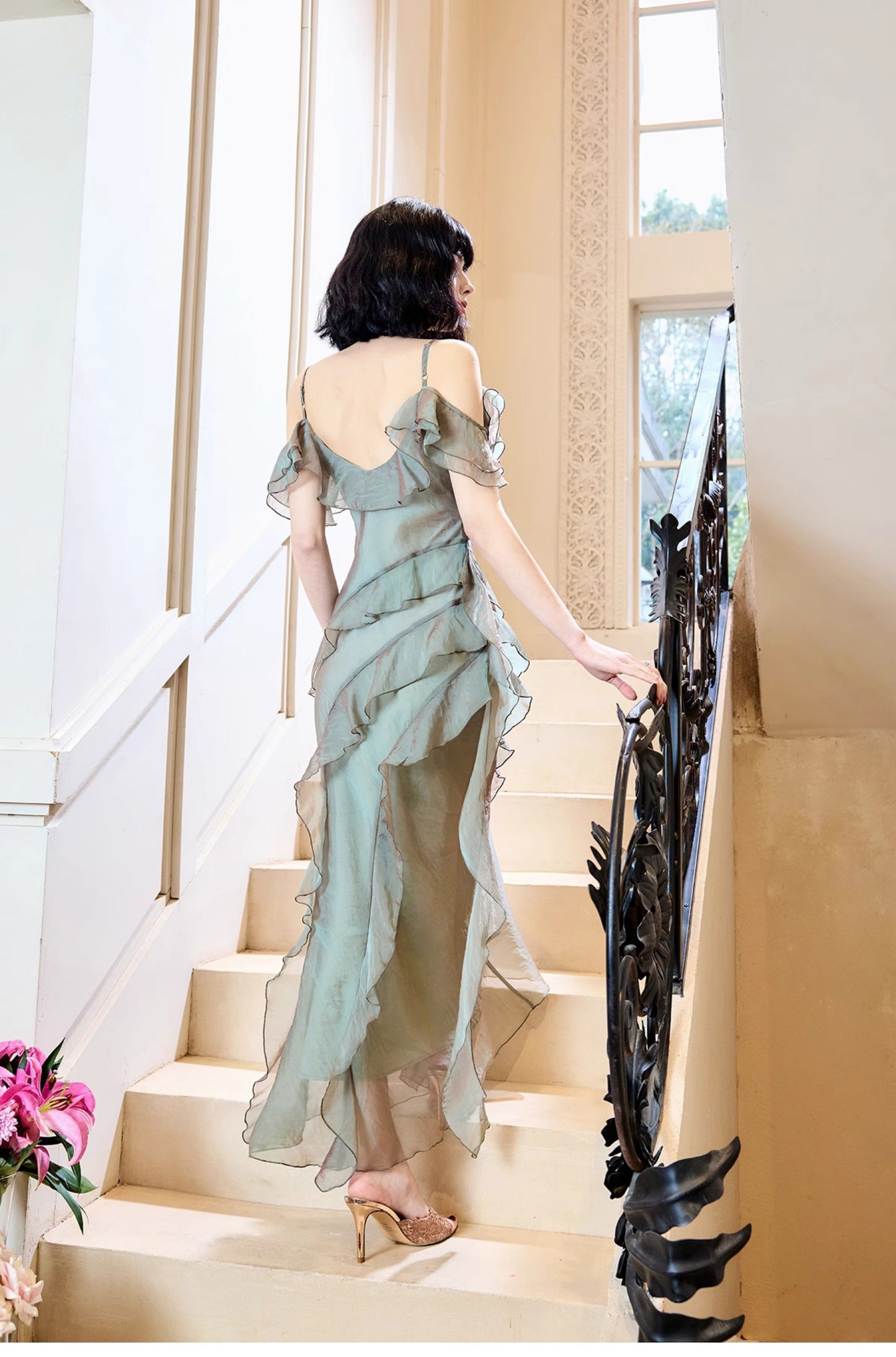 French Elegant Spaghetti Straps Ruffled Tulle Sheath Evening Dress ED02261