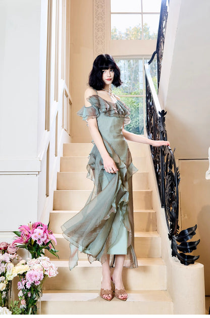 French Elegant Spaghetti Straps Ruffled Tulle Sheath Evening Dress ED02261