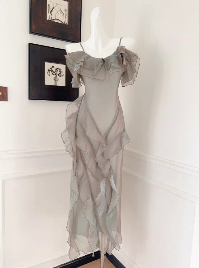 French Elegant Spaghetti Straps Ruffled Tulle Sheath Evening Dress ED02261