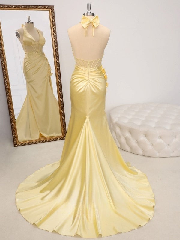 Butter Yellow V-Neck Satin Mermaid Prom Dresses Formal Evening Dresses HZ1024