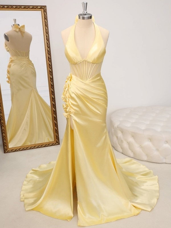 Butter Yellow V-Neck Satin Mermaid Prom Dresses Formal Evening Dresses HZ1024
