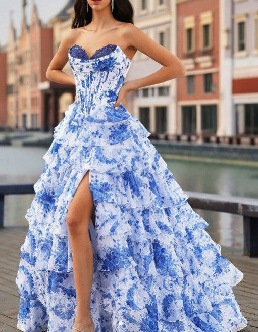 Ruffle Sweetheart Neck A-Line Tiered Prom Dresses Fashion Evening Gowns HZ1024