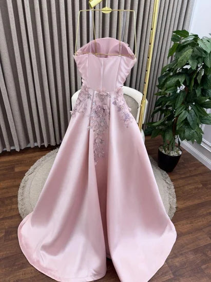 Elegant Pink  A-Line Strapless Satin Prom Dress with Appliques Train Evening Gowns ED02268