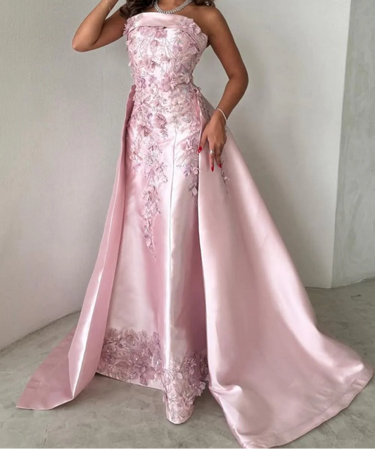 Elegant Pink  A-Line Strapless Satin Prom Dress with Appliques Train Evening Gowns ED02268