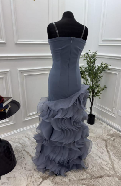 Dusty Blue Mermaid Strapless  Long Tulle Prom Dress with Ruffle Evening Gowns ED02269