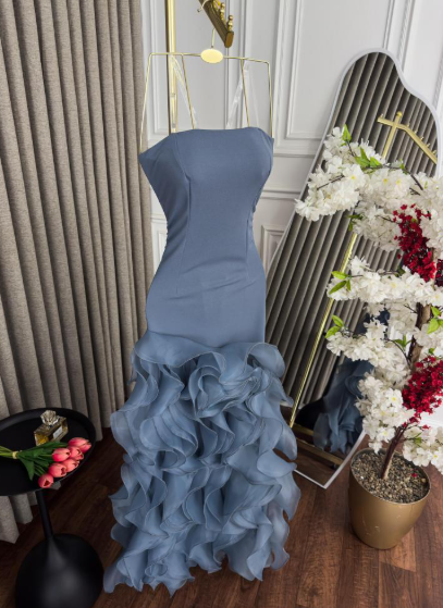 Dusty Blue Mermaid Strapless  Long Tulle Prom Dress with Ruffle Evening Gowns ED02269