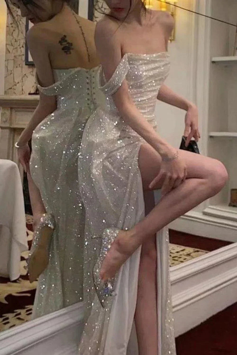 A-Line Off the Shoulder Evening Gowns Silver Sequins Long Prom Dress with Split Front HZ1024