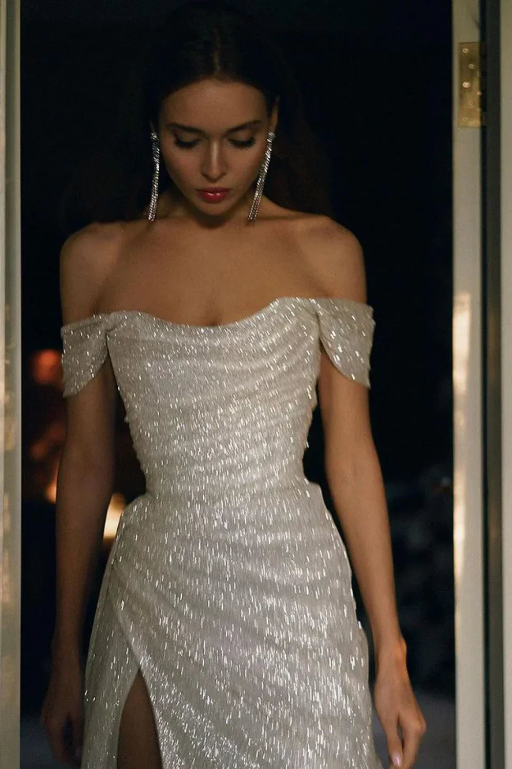 A-Line Off the Shoulder Evening Gowns Silver Sequins Long Prom Dress with Split Front HZ1024