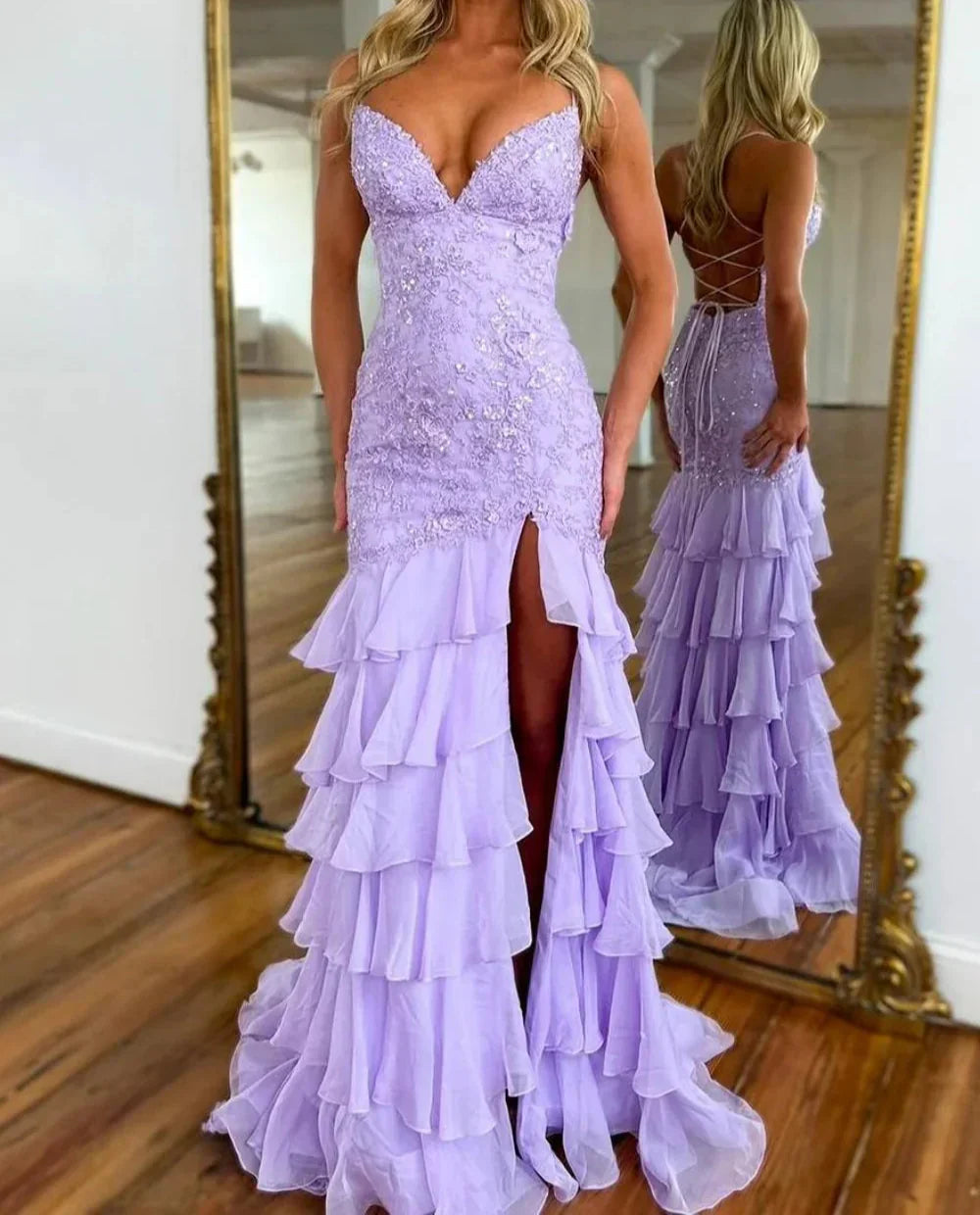 Lilac Mermaid Spaghetti Straps Silt Prom Dress Backless Lace Applique Evening Dress with Ruffles HZ1024