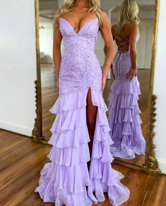 Stunning Lilac Mermaid Spaghetti Straps Silt Prom Dress Backless Lace Applique Evening Dress with Ruffles ED02271