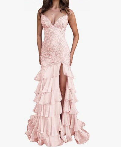 Stunning Lilac Mermaid Spaghetti Straps Silt Prom Dress Backless Lace Applique Evening Dress with Ruffles ED02271