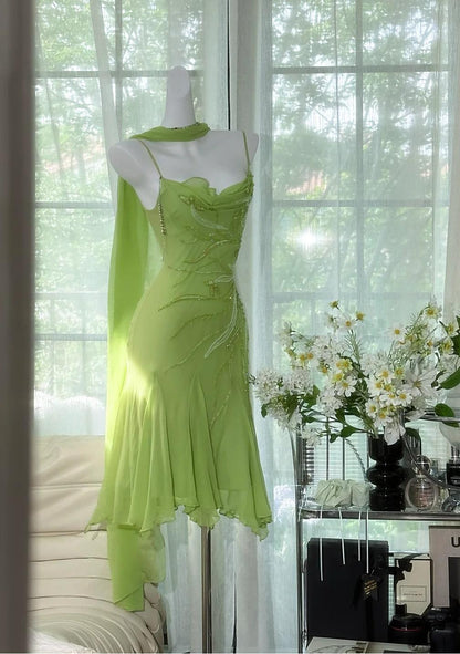 Bud Green Sheath Short Prom Dresses Chiffon Beaded Backless Party Dress HZ1024