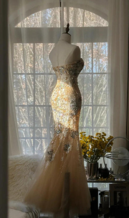 Gorgeous Light Champagne Sweetheart Neck Tulle Sequin Mermaid Long Prom Dresses Elegant Party Dress ED02286