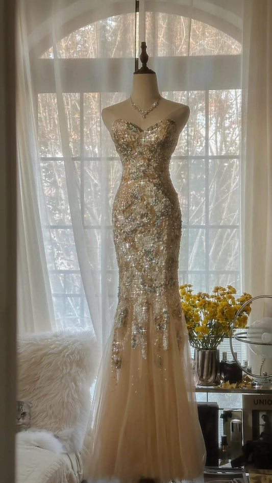 Gorgeous Light Champagne Sweetheart Neck Tulle Sequin Mermaid Long Prom Dresses Elegant Party Dress ED02286