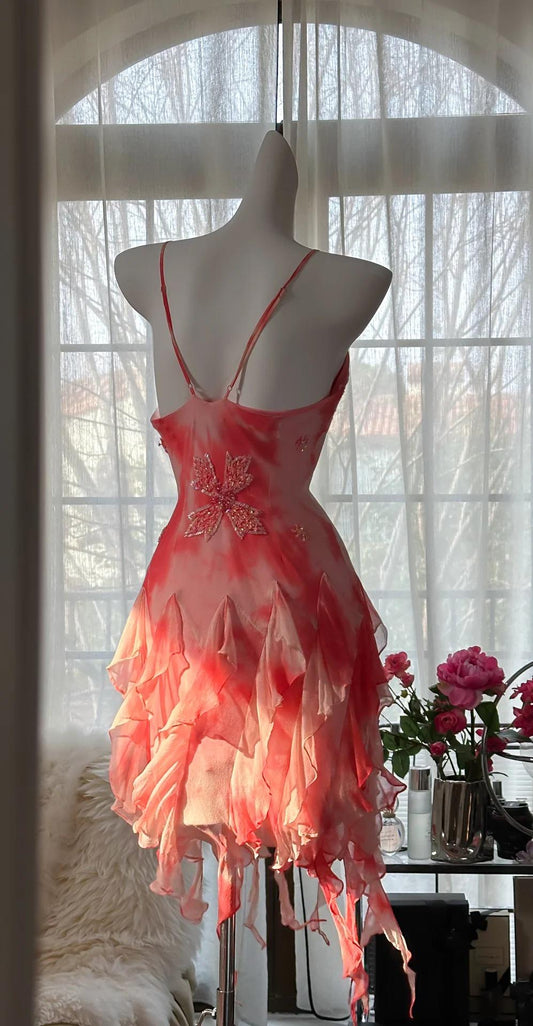 Gorgeous Vintage Spaghetti Straps Chiffon Ruffle Bodycon Short Prom Dresses ED02288