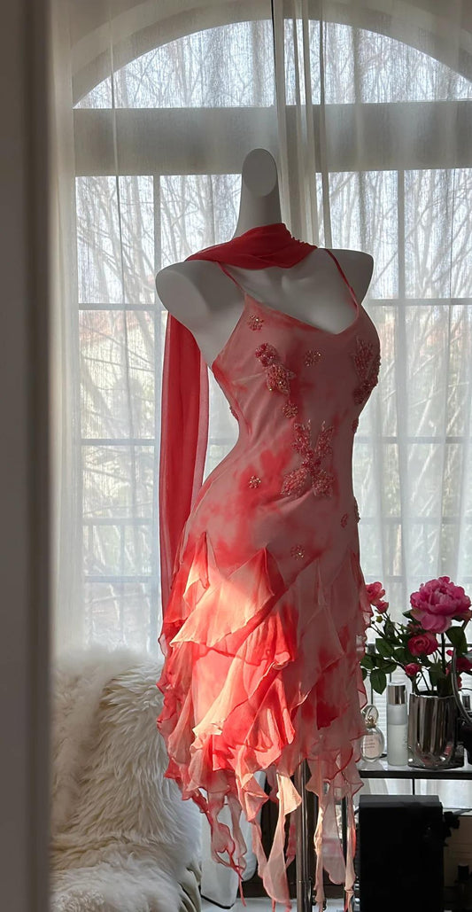Gorgeous Vintage Spaghetti Straps Chiffon Ruffle Bodycon Short Prom Dresses ED02288