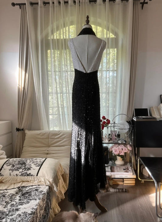 Black and White High Waist Scoop Neck Beaded Chiffon Prom Dresses, Vintage Evening HZ1024