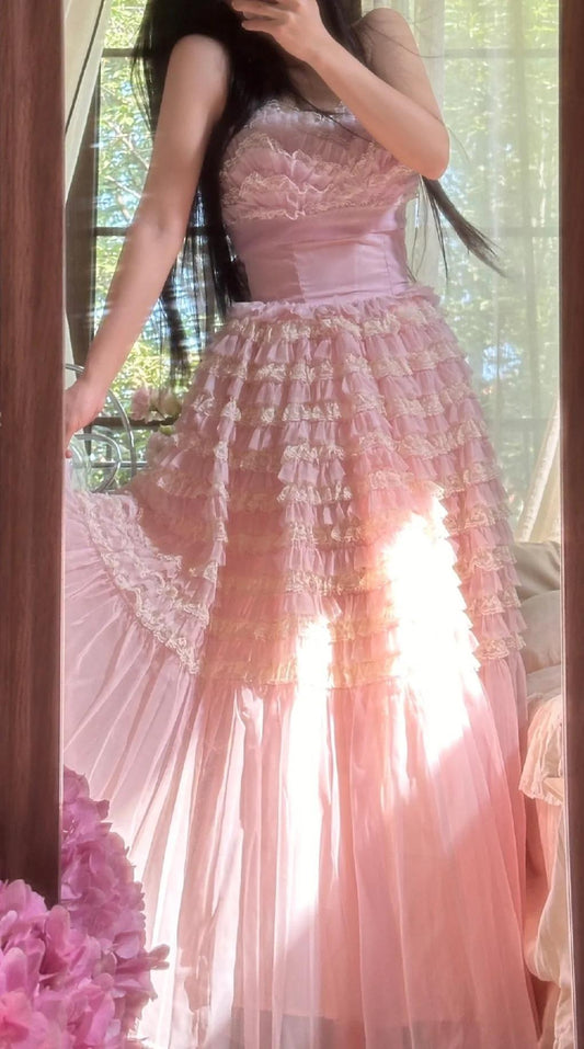 Sweet Pink Tulle Layered A-line Strapless Birthday Prom Dresses Formal Evening Gowns ED02290