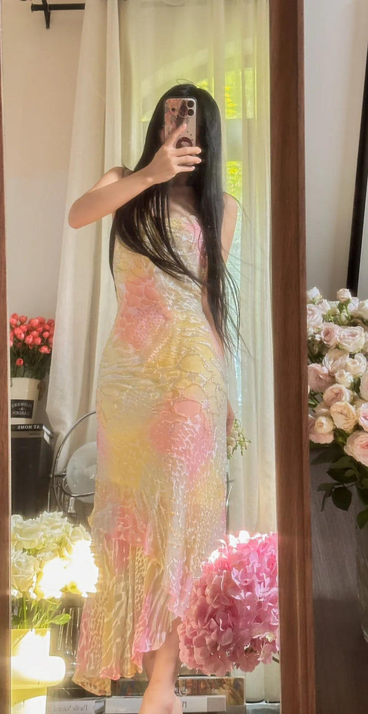 Gentle Vintage Spaghetti Straps Gradient Chiffon Beading Sheath Prom Dresses ED02291