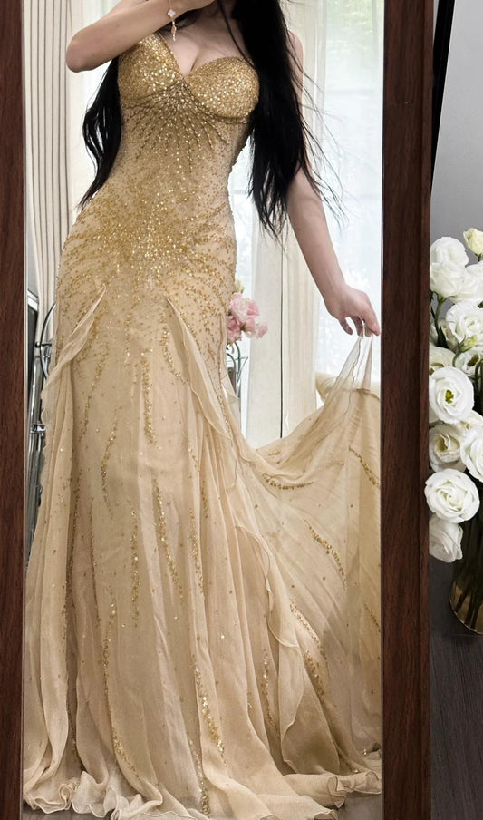 Spaghetti Straps Beaded Chiffon Mermaid Prom Dresses Vintage Evening Gowns HZ1024